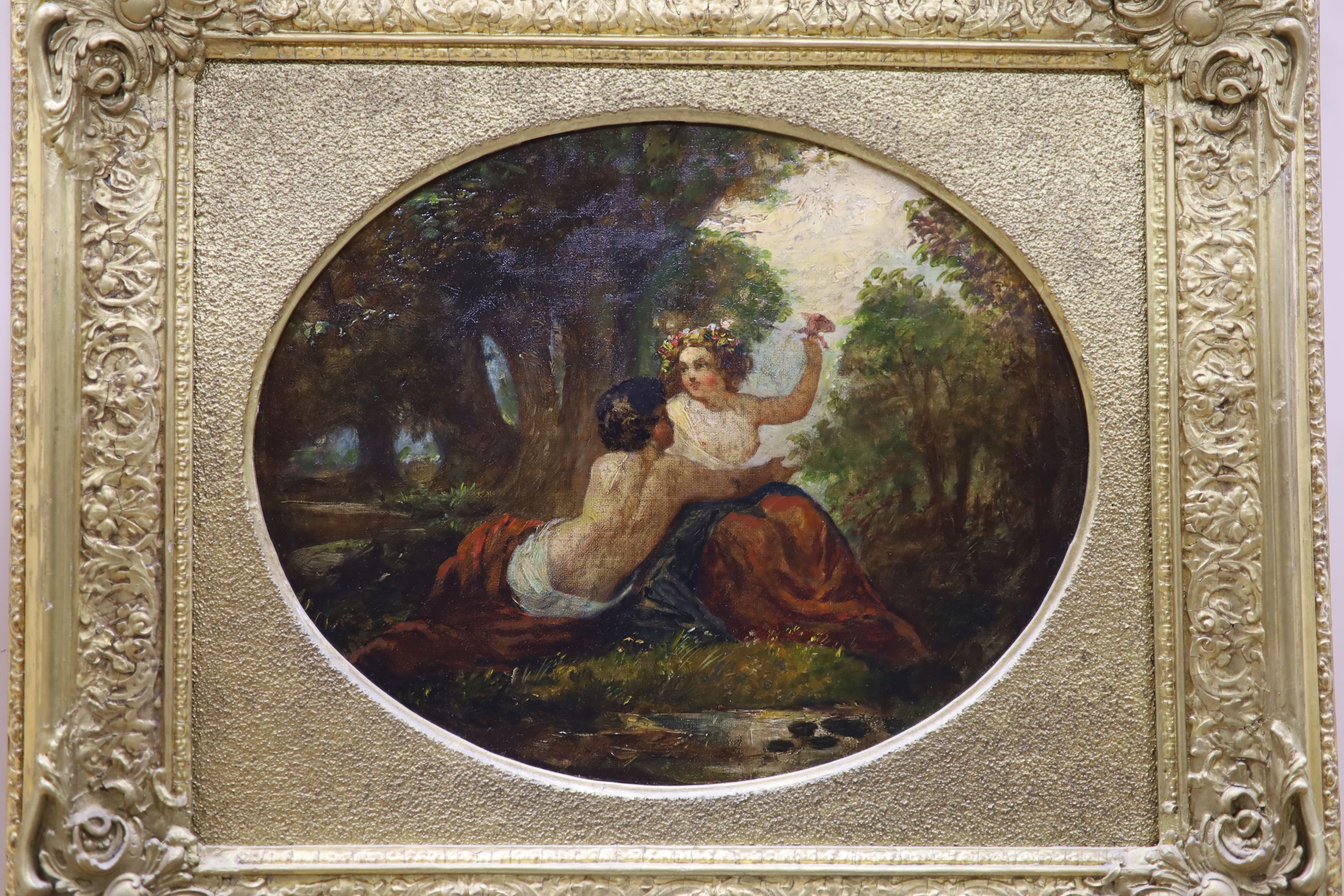 18th century French School, oil on canvas, French Nymphs in woodland, oval, 29 x 36.5cm